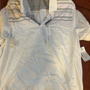 Calvin Klein Men's White Shirt with Gray and Pink Stripes